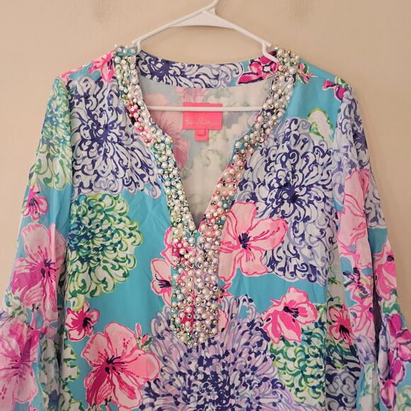 Lilly Pulitzer Elenora Silk Dress Floral Pearls Beaded Womens Size Large - Picture 2 of 13